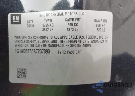 2010 Chevrolet Cobalt Lt z USA, uszkodzony, nr VIN 1G1AD5F56A7237893